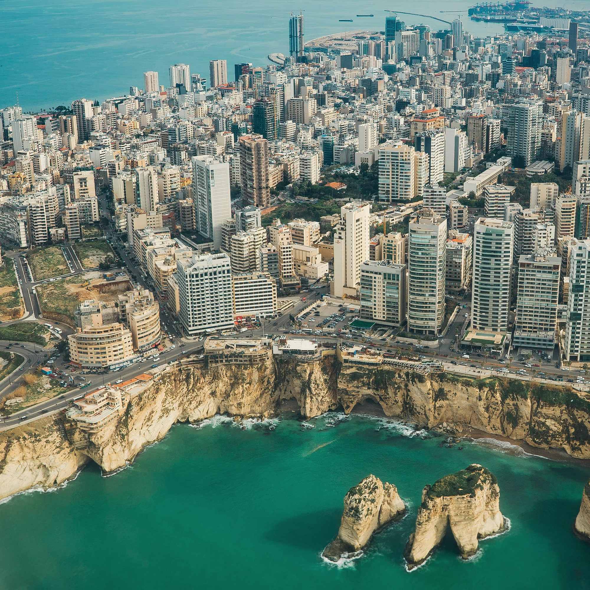 Aerial view of Ras Beirut, the Corniche and the Raouche rocks